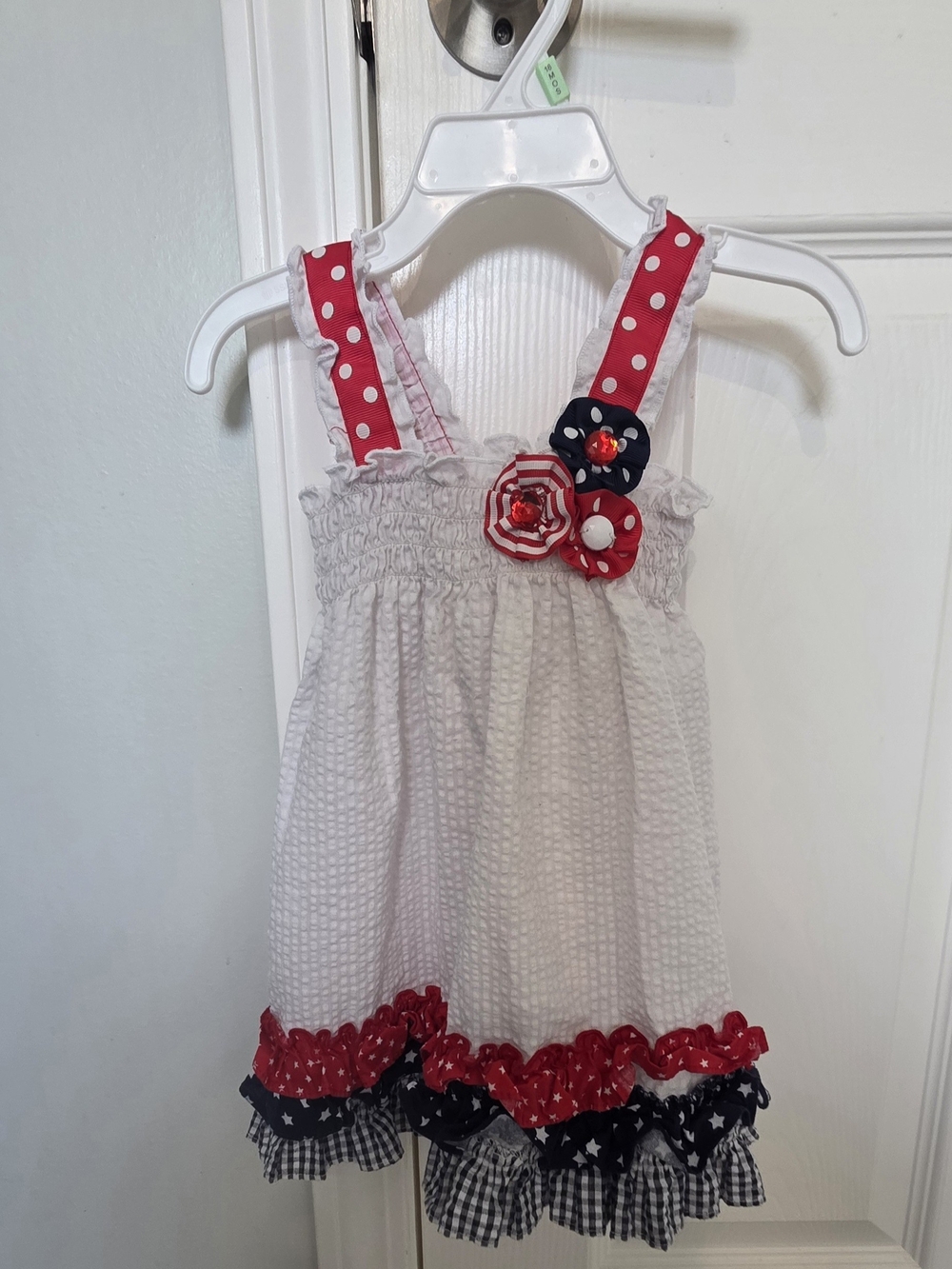 Rare Editions White Toddler Sundress with Red Polka Dot Straps and Navy Trim